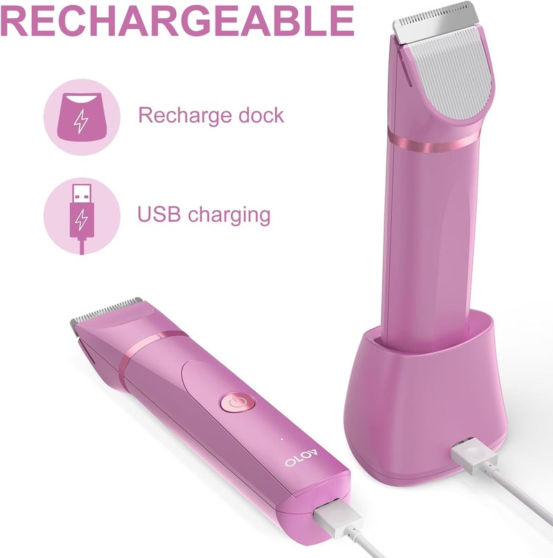 OLOV Electric Body Hair Trimmer - Groin Trimmer for Men - Bikini Trimmer Women - Wet/Dry Shaver Groomer, Replaceable Ceramic Blade Heads, USB Recharge Dock, Waterproof Hygiene Razor, Pink - Image 5